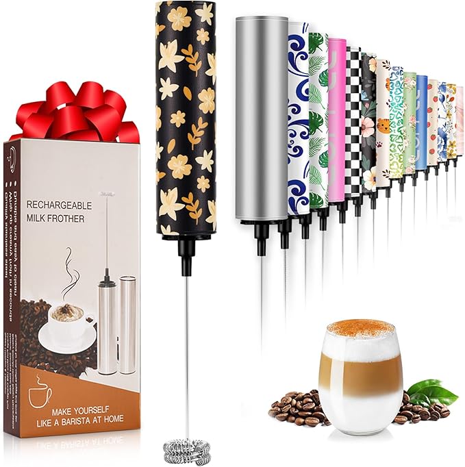 Milk Frother Handheld Rechargeable - 2-Speed Electric Whisk with 5 Detachable Heads (Frother/Mixer/Whisk) for Coffee, Latte, Cappuccino & Matcha, Drink Mixer (Flower 13)