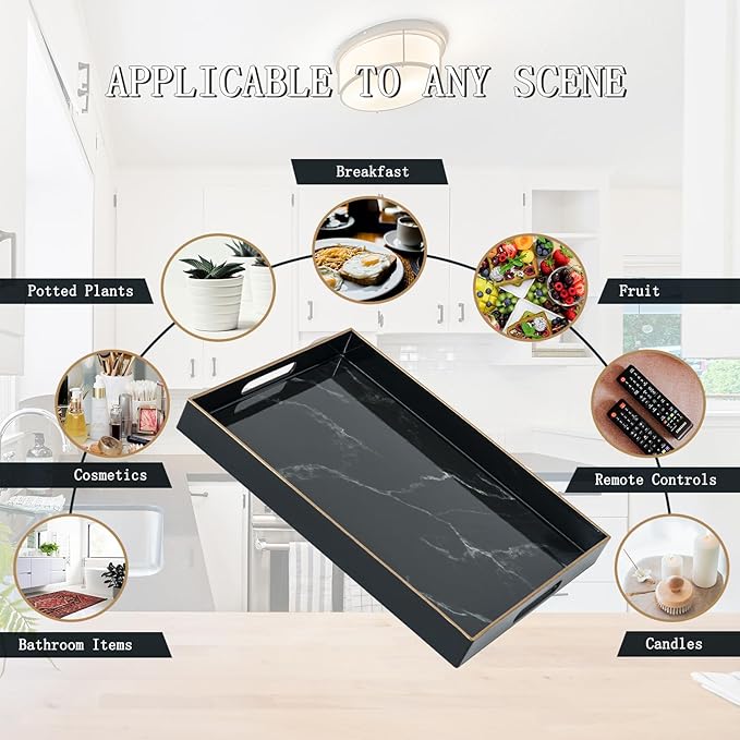 Serving Tray, Marble Plastic Food Trays for Eating on Lap Decor Coffee Tray with Handles Rectangular Non-Slip Candle Plate, 15.7"x11.8"x1.6" Large Drinks Platter for Kitchen/Living Room/Bedroom