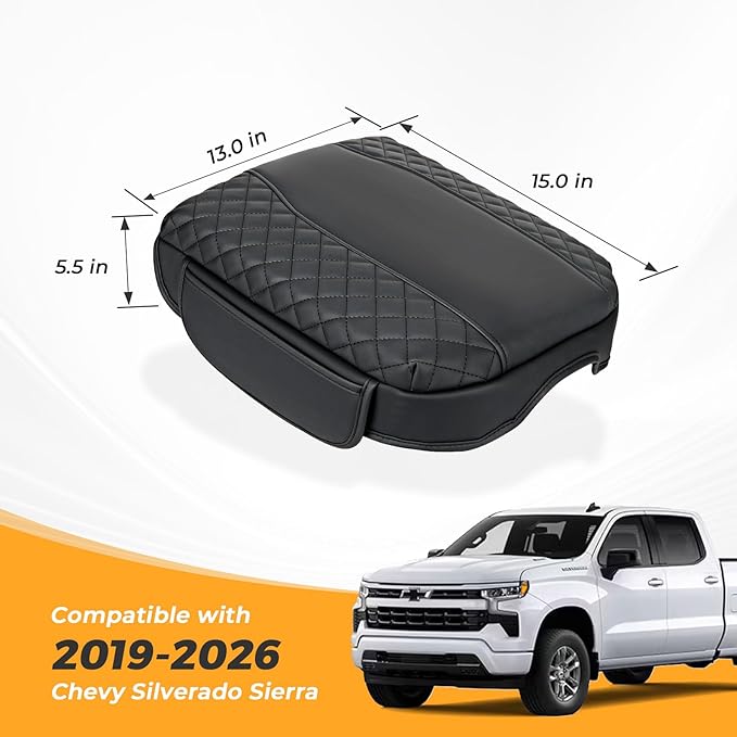 FUNY Center Console Cover Compatible with 2019-2025 Silverado Sierra, Middle Console Cover Lid, Car Arm Rest Covers Cushion Pad, Bucket Seat Middle Console Armrest Box Leather Protective Cover