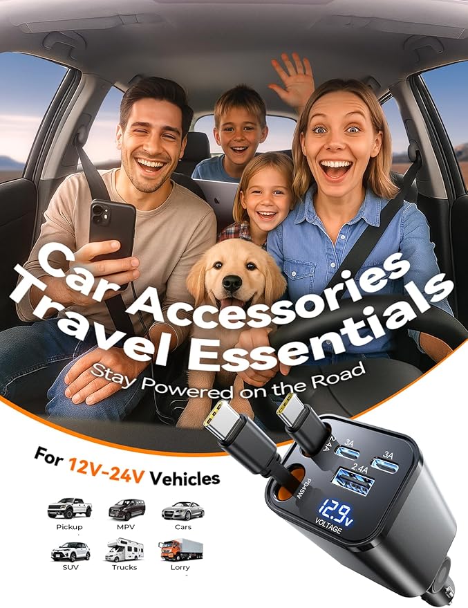 [5 in 1] for iPhone 17 Car Charger Adapter Fast Charging 99W USB C Car Charger Retractable with PD45W Dual Type C Cords Car Accessories Gifts for Women Men for iPhone 17 Air 16 15 Pro Max, All Phones