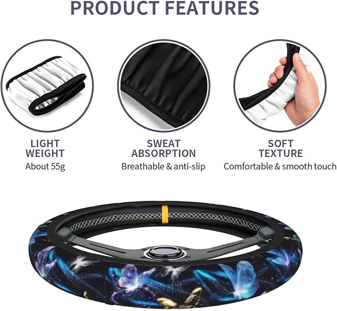 Colorful Butterfly Steering Wheel Cover for Women Men Girls Car Accessories Decor Anti-Slip Neoprene Auto Steering Wheel Covers Protector Universal 15 Inch