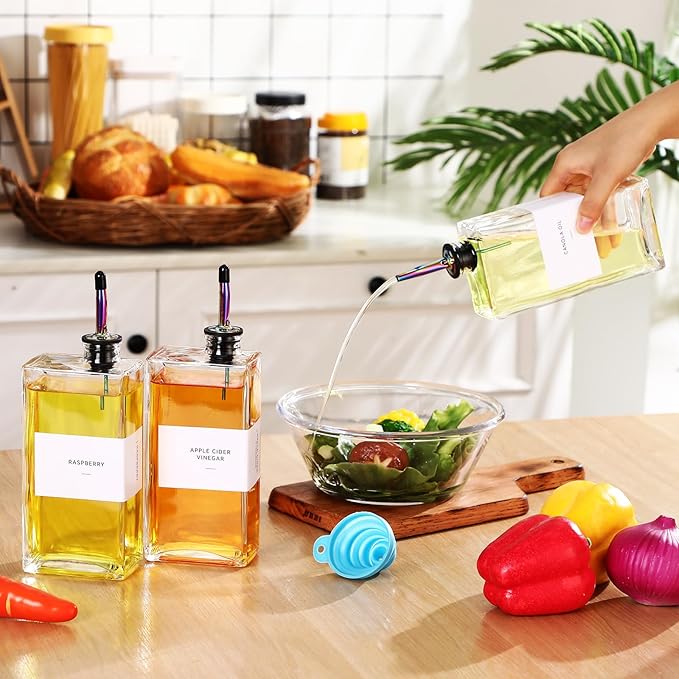 3 Sets Olive Oil Dispenser Bottles for Kitchen with Nozzles Funnel Labels Cooking Oil Dispenser 500ml Set for Kitchen Vinegar Coffee Syrup (Bright Color)