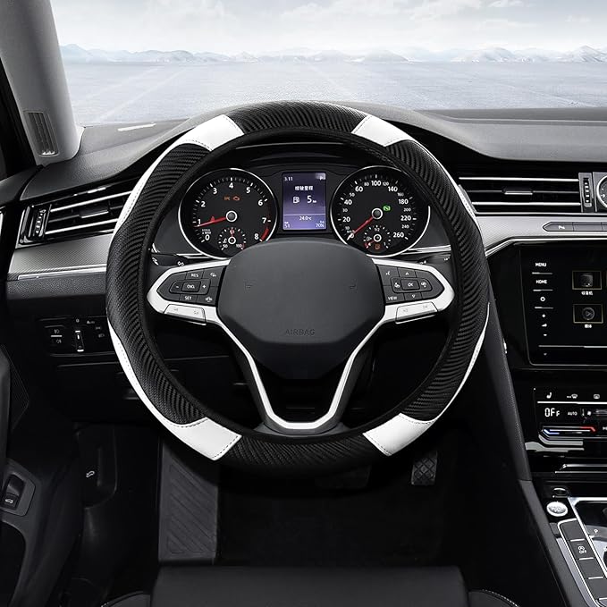 Car Steering Wheel Cover, Steering Wheel Protector, Universal 14.5-15 Inch Microfiber Leather Breathable Auto Steering Wheel Covers, Carbon Fiber Steering Wheel Cover for Women Men (White)