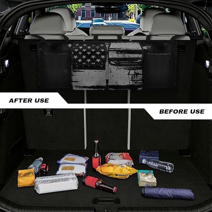 American Flag Car Trunk Organizer, Backseat Hanging Large Storage with Adjustable Straps & 4 Pockets, Waterproof Collapsible Cargo Bag, Car Interior Accessories for Auto SUV MPV