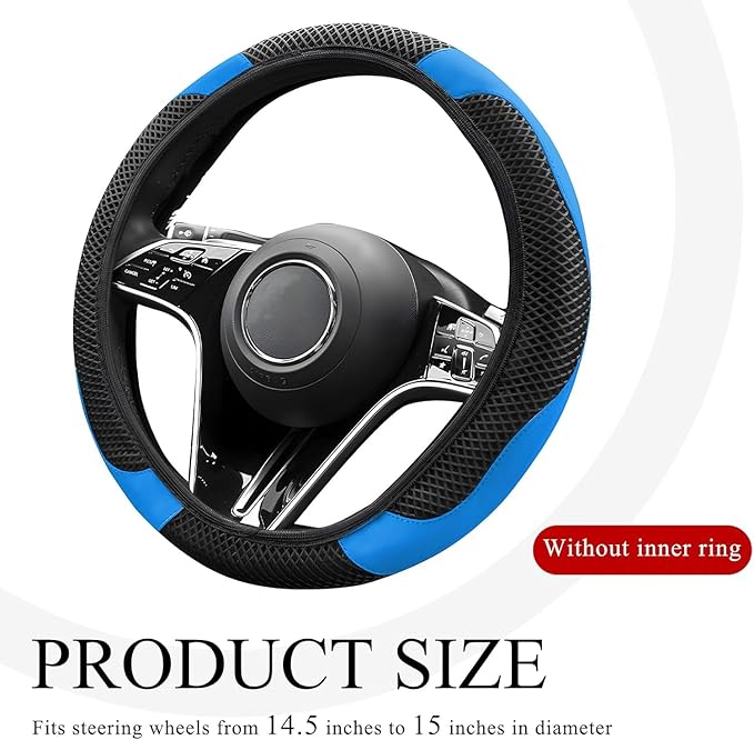 Elastic Stretch Steering Wheel Cover, Warm in Winter and Cool in Summer, Universal 15 inch Microfiber Breathable Ice Silk Anti Slip Car Interior Accessories, Odorless, (Black Blue)