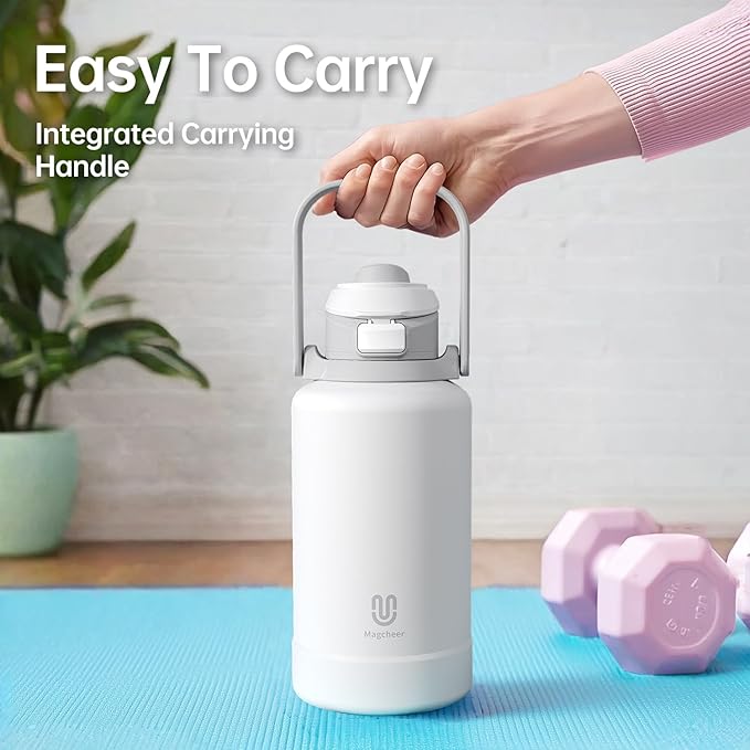 64oz Insulated Magnetic Water Bottle - Stainless Steel Vacuum Flask with MagSafe Compatible Phone Holder Keeps Drinks Cold for 24 Hours Water Jug for Gym and Outdoor Activities（White)