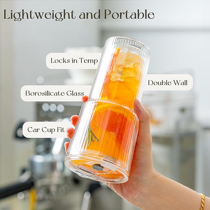 KEMORELA Iced Coffee Cups with Lids 20oz Ribbed Double Wall Glass Cups with Lids and Straws 2PCS, Coffee Bar Accessories， Insulated Borosilicate Glass Tumblers, To Go Coffee Cups, Spill proof tumbler