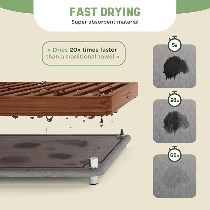 NIUM Stone Drying Mat for Kitchen Counter & Bamboo Rack - 16″x12″ - Diatomaceous Earth Dish drying mat Ultra Absorbent & Fast Drying - EcoFriendly with Non-Slip Pads & Anti-Moisture Design