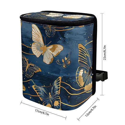 Deep Blue Car Trash Bin Adorned with Gold Butterfly Accents, Featuring a Zippered Portable Design to Keep Vehicle Neat and Organized