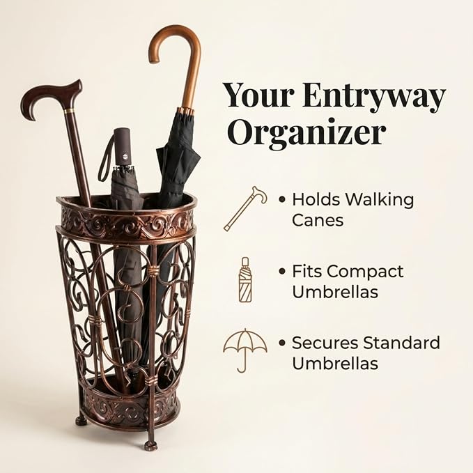 Super Quality Umbrella Stand, Umbrella Holder, Antique Look Metal, Entry Hallway Décor, Wallside Style, with Removable Drip Tray (Gold Brown)