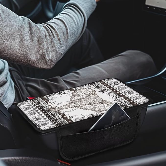 BIGCARJOB Boho Elephant Print Armrest Cover Cushion with Side Pockets Universal Middle Console Cover Vintage Elephant Print Center Console Organizer Bag Armrest Pads