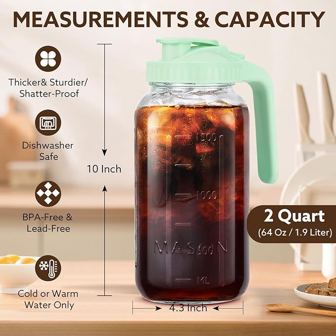Glass Pitcher with Lid, 64 OZ Mason Jar Pitcher Double Leak Proof, 2 Quart Breast Milk Storage Containers for Fridge, Wide Mouth Glass Jar for Sun Tea, Juice, Cold Brew Coffee