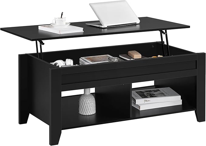 Yaheetech Black Coffee Table, Lift Top Coffee Tables with Hidden Storage Compartment & Open Shelf, Lift Tabletop Pop-Up for Living Room Reception, 47.5inch L