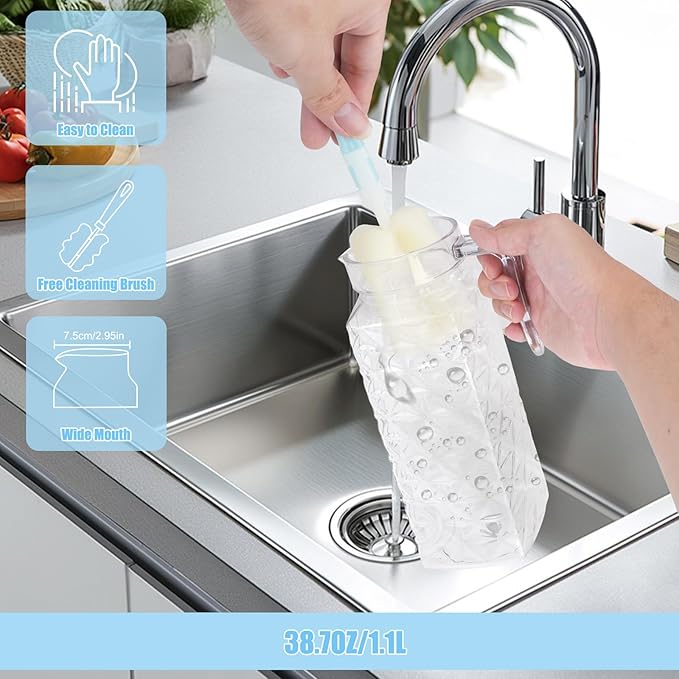 1 Pack 1.1L Plastic Jugs with Lid and Handle, Acrylic Juice Jug, Transparent Fridge Water Pitcher, Unbreakable, Easy to Clearn Water Jug for Iced Tea, Lemonade, Cold or Hot