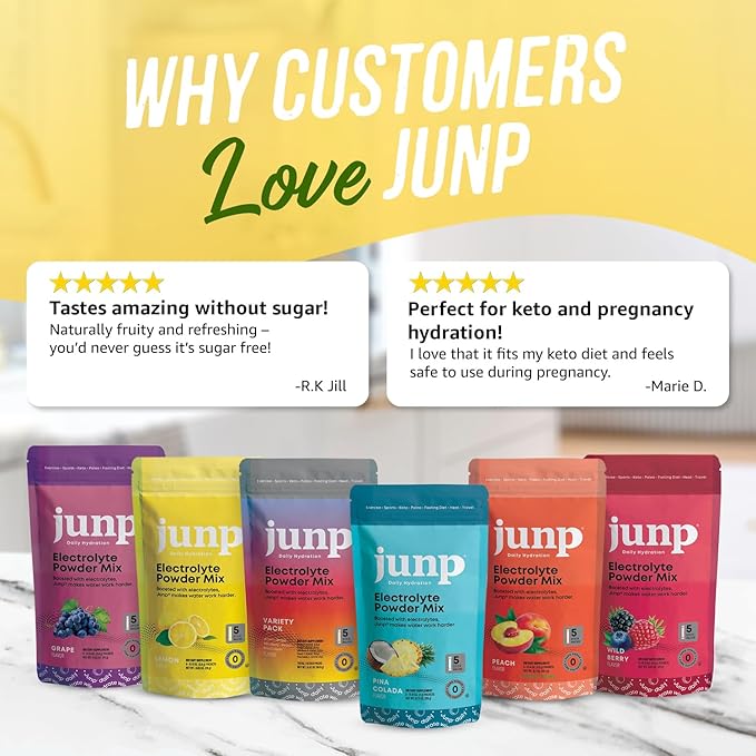 JUNP Sugar Free Electrolytes Powder Packets for Water Instant Hydration Packets with Salt & Potassium, Zero Calorie, No Carbs, No Sugar Electrolyte Drink Mix Sticks, Keto Friendly, Lemonade 5 Pack