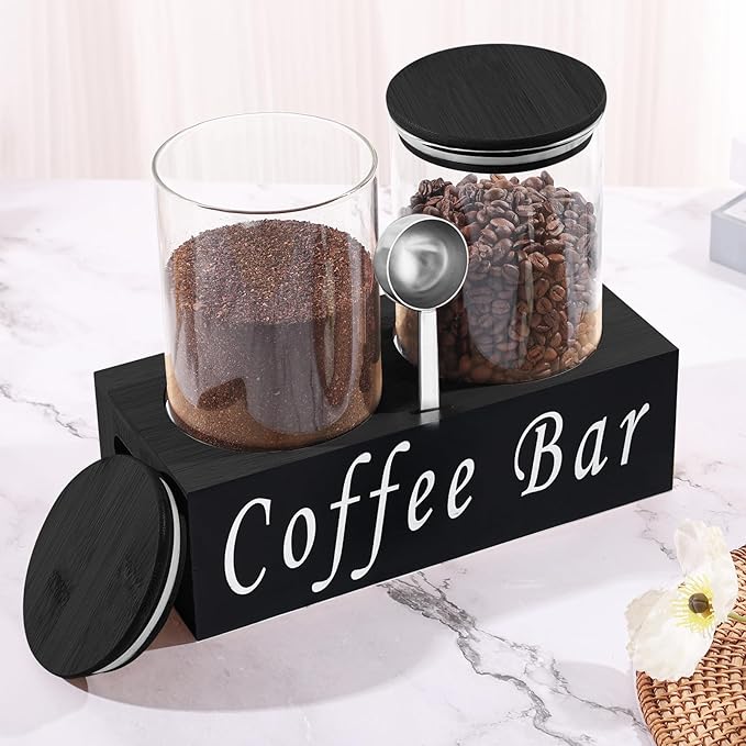 ZOMUIA Rustic Modern Black 2PCS Small 44oz Coffee Storage Jars with Shelf, 2Pcs 1.295L Airtight Glass Coffee Containers, Coffee Canisters, Food Storage Jars