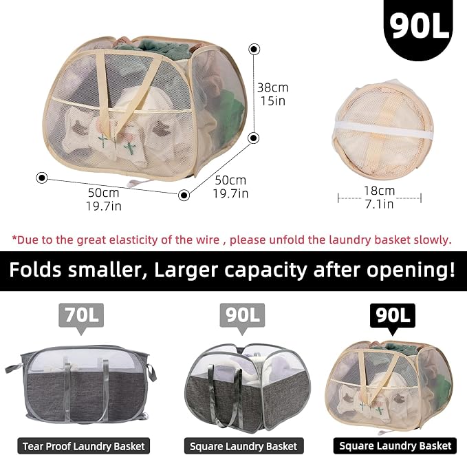 Collapsible Laundry Basket, 90L Foldable Pop-up Laundry Hamper with Handles, Square Mesh Dirty Clothes Hamper for Laundry, Bathroom, Kids Room, Dorm,Travel or Camping (Beige)
