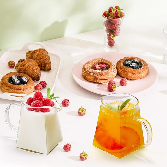 Yarlung 4 Pack Small Glass Pitcher, 12 Oz Clear Creamer Pitcher with Handle, Creative Coffee Milk Pitcher Tea Fair Cups for Table Serving, Square Base