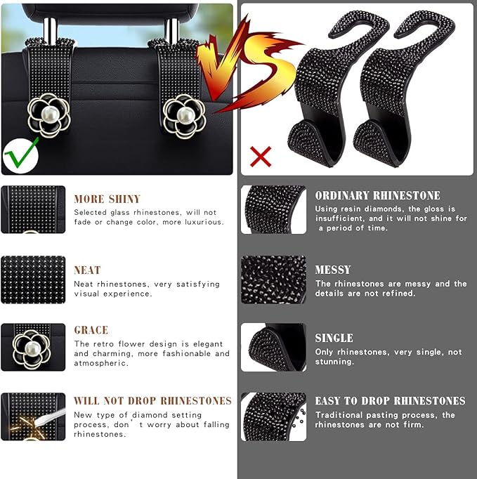 2 Pieces Bling Car Hooks for Back Seat Purses and Bags - Headrest Mask Organizer With Diamond (Black)