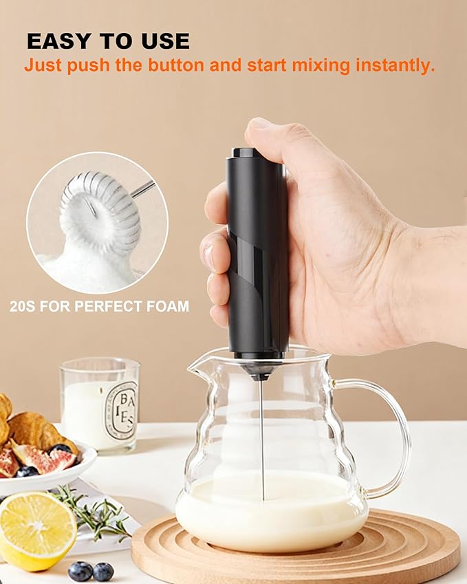 Handheld Milk Frother with Cover, Battery Operated Drink Mixer Handheld Easy to Carry Electric Frother Wand For Coffee, Latte, Cappuccino, Frappe Drink, Hot Chocolate, Black