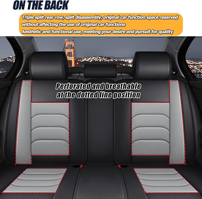 Universal 5 Seats Car Seat Cover, Fit for Most Cars, Nappa Leather Car Seat Cushion Super Breathable, Storage Bags, All Season, Car Seat Covers Full Set 3D Foam Back Support, Black Ash