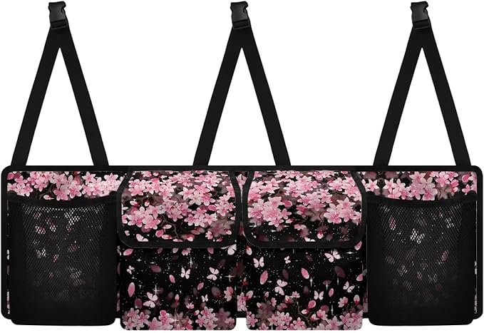 Cherry Blossom Car Trunk Organizer, Oxford Backseat Storage Bag with 4 Pockets, Adjustable Large Capacity Hanging Collapsible Bag for Most Vehicles, Universal Car Accessories
