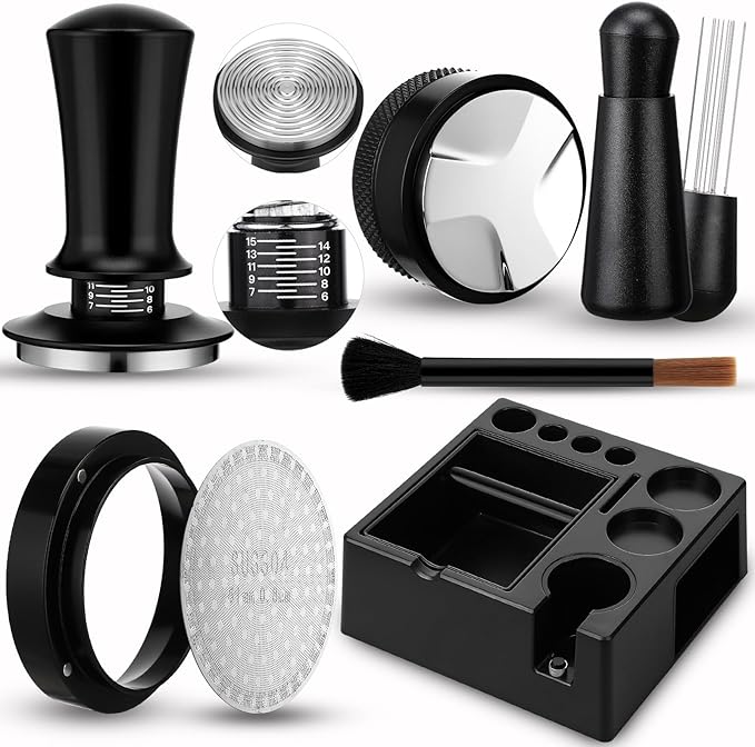 7pcs Espresso Accessories Kit 51/58/53mm Tamping Station Machine Accessories Spring Loaded Calibrated Tamper Wdt Espresso Tool and Dosing Funnel Set Distributor and Tamper Leveler(58mm)