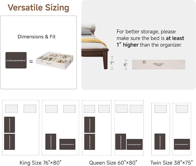StorageWorks Underbed Shoe Storage Organizer for Closet, 2-Pack Fabric Under Bed Shoe Organizer with Adjustable Dividers, Fits up to 24 Pairs, Beige(Cottlyn Fabric)