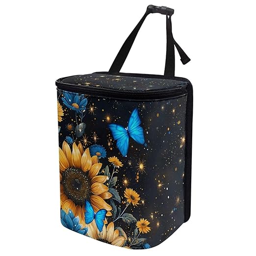 Sunflower Auto Car Trash Can Hanging Car Garbage Bag with Lid Washable Leak Proof Car Trash Bin Hanging for Front Back Seat，Blue Butterfly Sunflower Vehicle Rubbish Bin