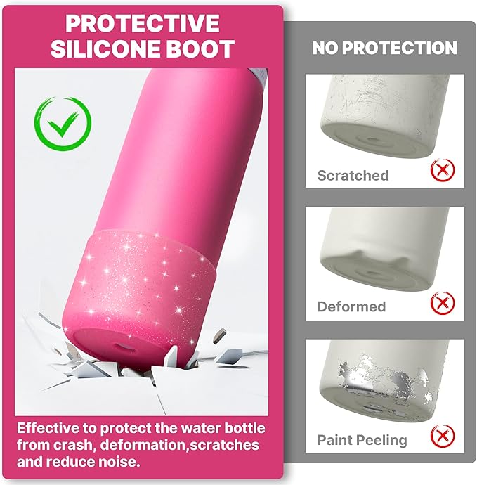Silicone Water Bottle Boot for Owala 32 oz, Anti-Slip Protective Sleeve for Owala Twist & FreeSip & Flip Stainless Steel Water Bottle, Boot Bottom Base (Glitter Rose Red)