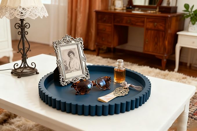 Handmade 12in Decorative Tray for Coffee Table Tray Decor, Blue Wooden Decorative Round Tray for Kitchen, Living Room, Home Decor