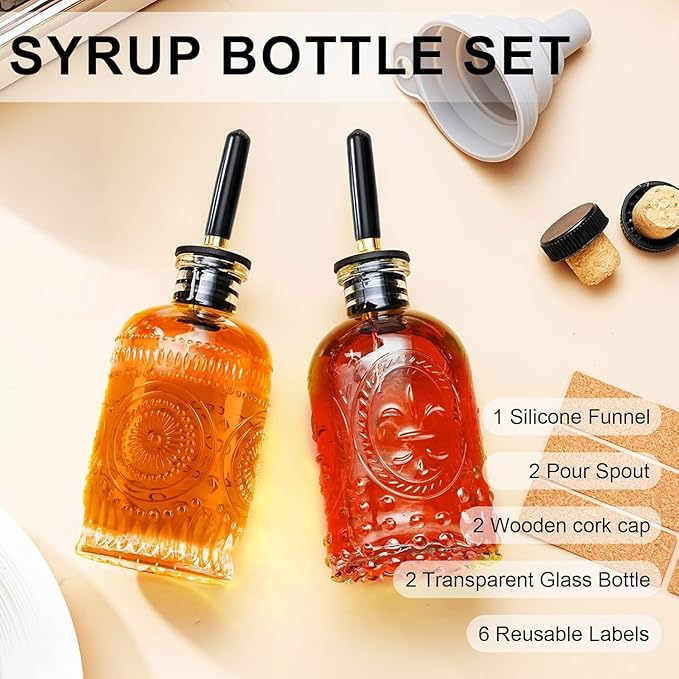 Glass Coffee Syrup Dispenser Bottles Set 2 Pack 7 OZ, Simple Syrup Bottles with Metal Pour Spout, Syrup Dispenser for Coffee Bar Accessories for Maple Honey Syrup Oil and Sauces