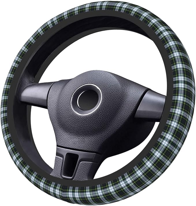 Thickened Elastic Steering Wheel Cover, Plaid Tartan Clan Gordon Scottish Green White Ultra, Soft, Breathable, Fit for Cars, SUVs, Trucks, Stylish Comfortable Grip