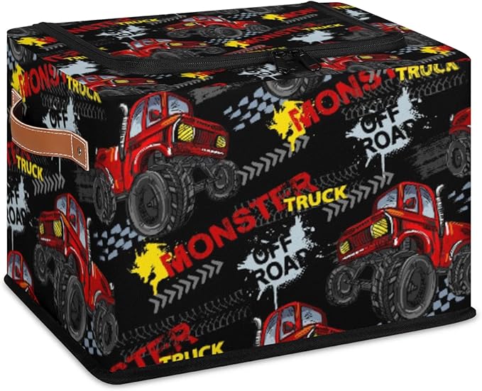 Storage Bins With Zipper Lid, Collapsible Trunk Organizer, Car Organizers and Storage Bins with Lids, Decorative Storage Boxes with Handle, Home Storage Baskets for Organizing (Monster Truck)