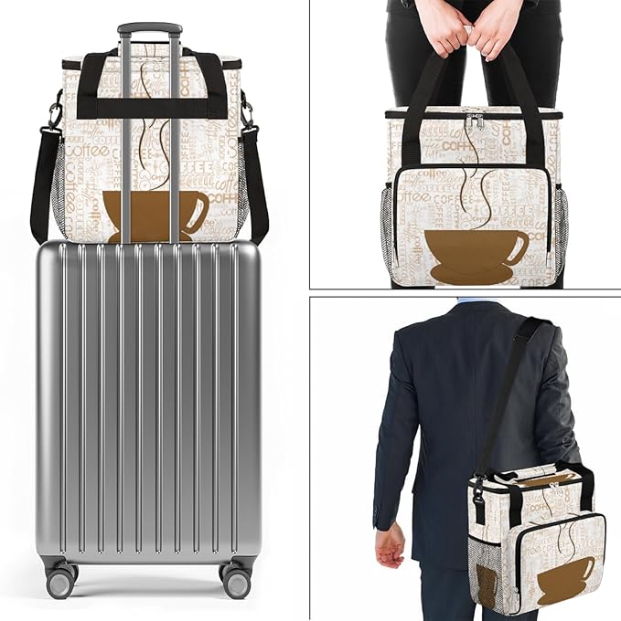 Coffee Cup Coffee Maker Carring Bag Coffee Texts Travel Carrying Storage Tote Bag Compatible with Keurig K-Mini or K-Mini Plus Portable Single Serve Coffee Brewer Case with Pockets for K-cup Pods