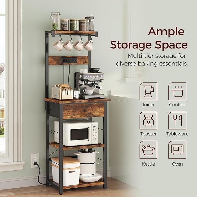 Bakers Rack with Drawer, Microwave Stand with Power Outlet, Coffee Bar Station with 4 Hooks, Kitchen Storage Shelf Rack 4 Tiers, for Kitchen, Dining Room, Rustic Brown and Black BRHR48E01