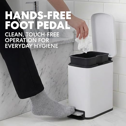 SIMPLI-Magic 6L/1.6G Stainless Steel Bathroom Trash Can with Hands-Free Foot Pedal, Quiet Soft-Close Lid, Compact Space-Saving Size