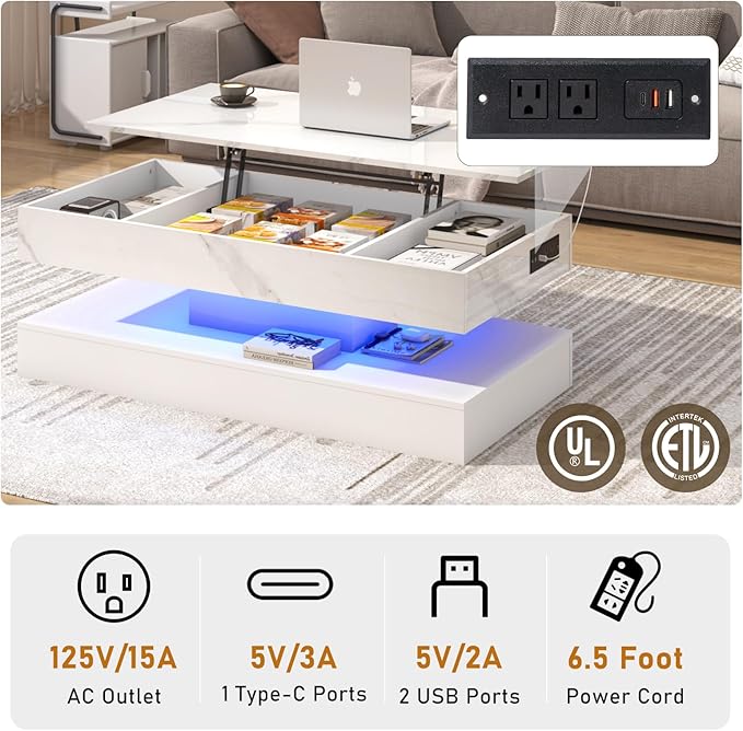 47.2" Large Lift Top Coffee Table, Modern LED High Glossy Coffee Table with Charging Station, Lights, Hidden Compartment Storage, Lift Center Tables for Living Room, Home Office, White