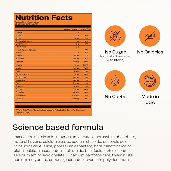 KEY NUTRIENTS Multivitamin Electrolytes Powder No Sugar - Tangy Orange Electrolyte Powder - Endurance & Energy Supplement - Hydration Powder - No Calories - 90 Servings - Made in USA