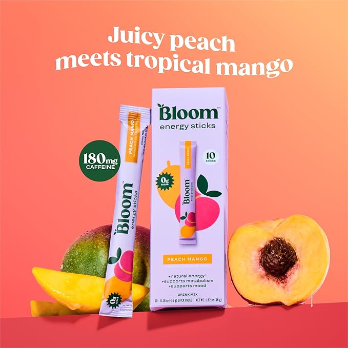 Bloom Nutrition Energy Drink Powder Packets, Sugar Free Energy Drink Mix with L-Theanine, B Vitamins & Natural Caffeine, On the Go Powder Sticks for Natural Energy, 10 Calories (10 Pouches (Pack of 1), Peach Mango)