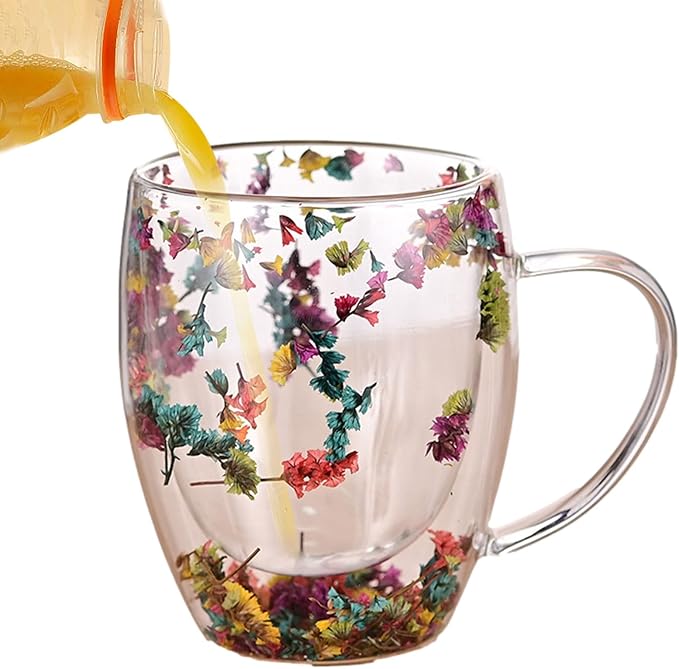 Camyu Artistic Glass Espresso Cup, 350ml Double Wall Insulated Glass Coffee Mugs, Anti-Scald Thick Expresso Coffee Cups With Dried Flowers For Hot Beverages