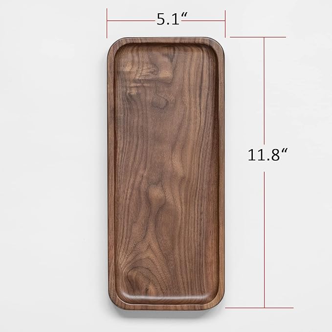 Muso Walnut Serving Tray - Solid Wood Small Rectangle Platter for Bathroom, Dinner, Tea, Coffee (11.8 x 5 in)
