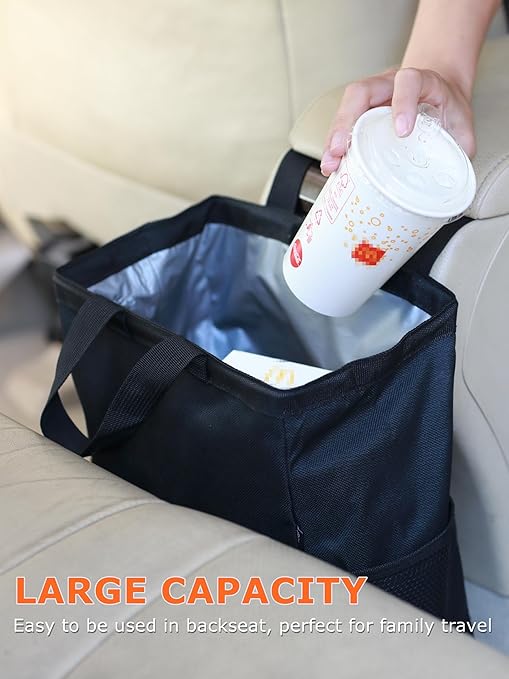 Ginsco 2 Pack New Leak-Proof Travel Car Trash Bag, 3.5 Gallons Large Capacity Hanging Car Trash Can with Hook and Loop Lid and Handle, Multipurpose Trash Bin with Storage Pockets for SUV RV Camping