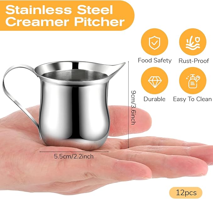 SHENLIU 12 Pack 3 oz Creamer Pitcher, Mini Stainless Steel Bell Creamers Espresso Pouring Cup Wide Mouth Pitcher with Pouring Spout for Milk Coffee Jam Sauces Syrup