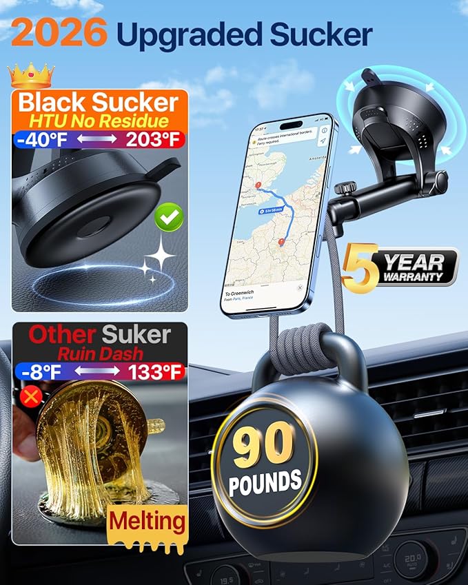 HTU 【Military-Grade】 for MagSafe Car Mount【Upgraded Strongest Suction】 Magnetic Phone Holder Cell Stand for Dashboard Windshield Vent,Truck Cradle for iPhone 17 Pro Max 16 15 14 13 12 Tesla, Black
