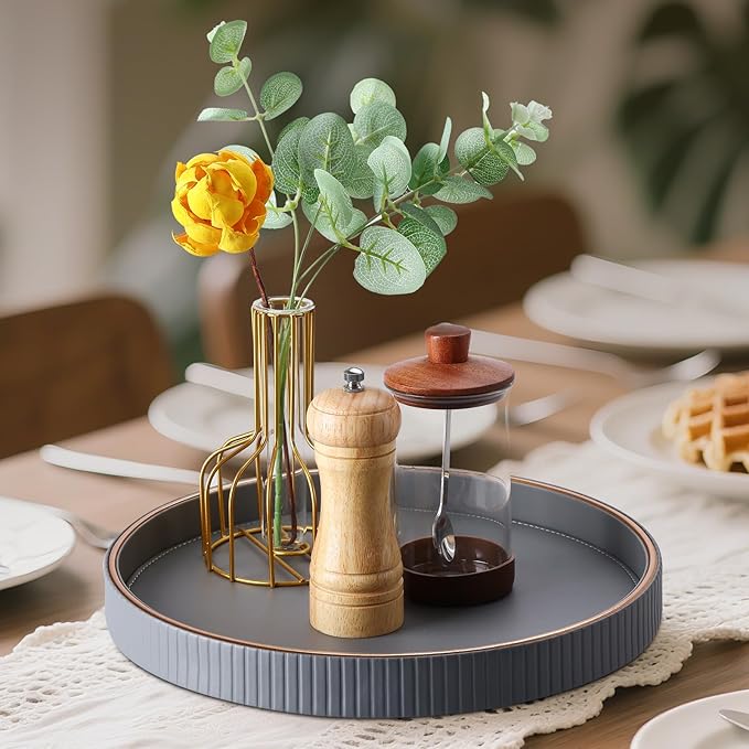 KINGFOM Round Decorative Tray, PU Leather Vanity Tray Organizer with Gold Trim for Dresser, Coffee Table & Bathroom Counter, Modern Home Decor Jewelry & Perfume Tray for Men Women (Gray)