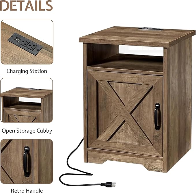3-Piece Farmhouse Living Room Table Sets, Includes 1 x Coffee Table, 2 x End Tables with Charging Station & USB Ports, Rustic Coffee Table Set of 3, Barnwood