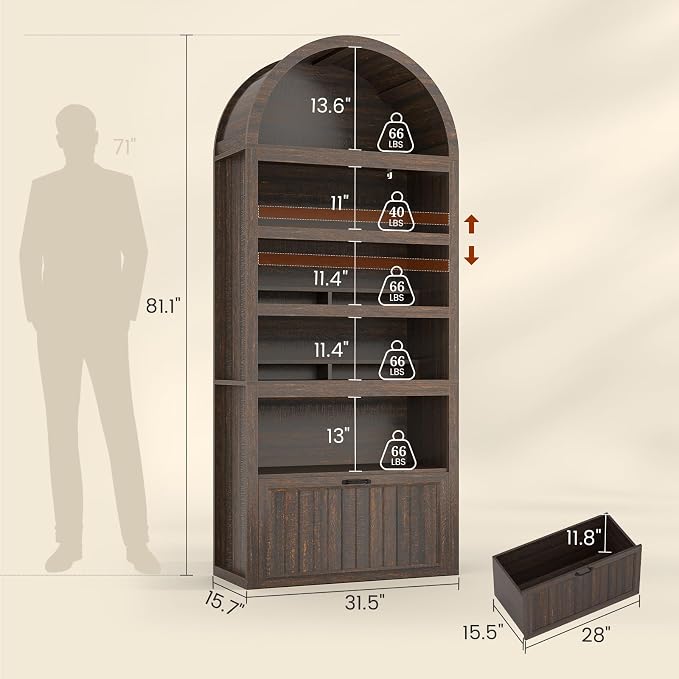 81" Tall Arched Cabinets,Bookcase with Drawer storage,Mid-Century Modern 5-Tier Bookshelf,2 Book Risers and Adjustable Shelves offering more storage space for Living Room,Kitchen,Home Office,Walnut