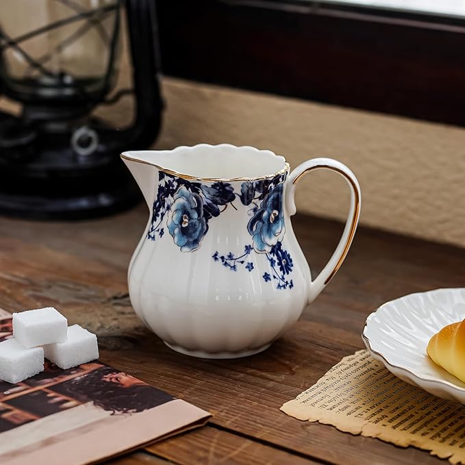 7.6oz Creamer Pitcher,Small Milk Jug with Handle,Small Milk Pitcher Cup for Coffee, Sauces, Salad (White with blue flower)
