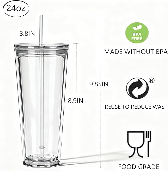 24oz Tumbler with Lid and Straw, Leak Proof and Double Wall Insulated Reusable Plastic Cups,Travel Reusable Iced Coffee Cup (1, Transparent)